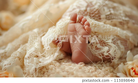 Newborn Baby Feet Tucked in a Cozy Knitted Blanket Newborn Baby Feet Tucked in a Cozy Knitted Blanket 113898640