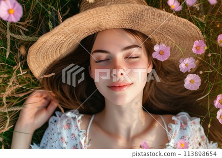 Serene Woman Relaxing in Meadow with Cosmea Flowers 113898654