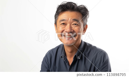 Smiling Asian Senior Man in Casual Attire on White Background 113898705