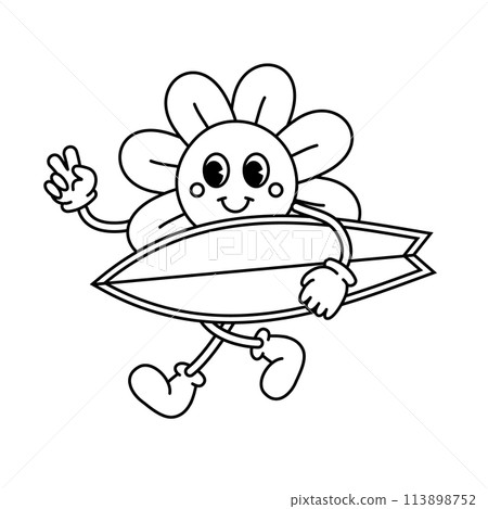 Vector retro groovy cartoon flower with surf board Vector retro groovy cartoon flower with surf board 113898752