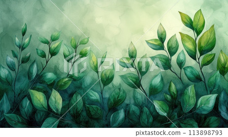Green leaves watercolor pattern on light background. 113898793