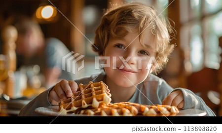 Smiling boy presenting freshly baked waffles on a plate. 113898820