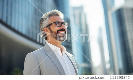 Confident happy smiling mature Middle Eastern businessman standing in the city and looking away 113898845