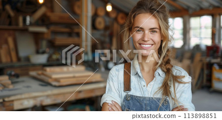 Professional portrait - Carpenter in woodworking shop 113898851