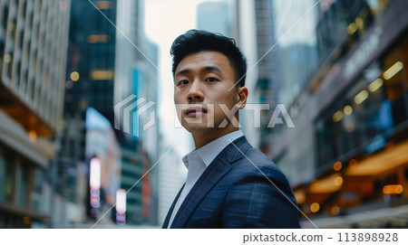 Confident young Asian businessman standing in the city, wearing business suit, looking at camera 113898928