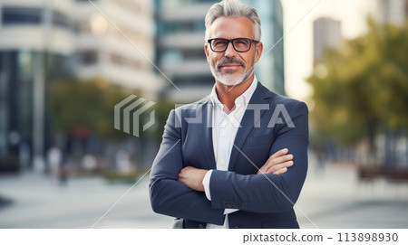 Successful handsome mature businessman standing with crossed arms in the city, looking at camera Successful handsome mature businessman standing with crossed arms in the city, looking at camera 113898930
