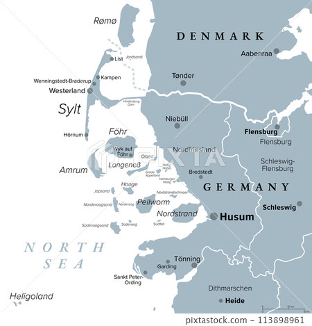 Nordfriesland, or North Frisia, gray political map. Northernmost district of Germany, part of Schleswig-Holstein, with capital Husum and five large islands Sylt, Foehr, Amrum, Pellworm and Nordstrand. 113898961