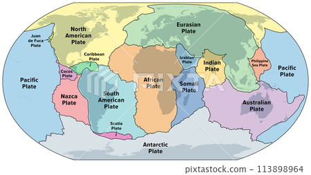 Principal tectonic plates of the Earth, world map. The sixteen major pieces of crust and uppermost mantle of the Earth, called the lithosphere, and consisting of oceanic and continental crust. Vector Principal tectonic plates of the Earth, world map. The sixteen major pieces of crust and uppermost mantle of the Earth, called the lithosphere, and consisting of oceanic and continental crust. Vector 113898964