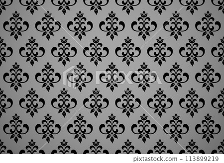 Floral pattern. Vintage wallpaper in the Baroque style. Seamless vector background. Gray and black ornament for fabric, wallpaper, packaging. Ornate Damask flower ornament Floral pattern. Vintage wallpaper in the Baroque style. Seamless vector background. Gray and black ornament for fabric, wallpaper, packaging. Ornate Damask flower ornament 113899219