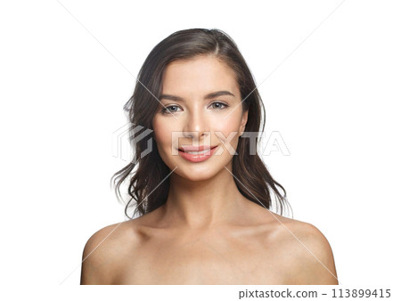 Brunette young happy woman model with natural make-up, clean healthy fresh skin and long hair Brunette young happy woman model with natural make-up, clean healthy fresh skin and long hair 113899415