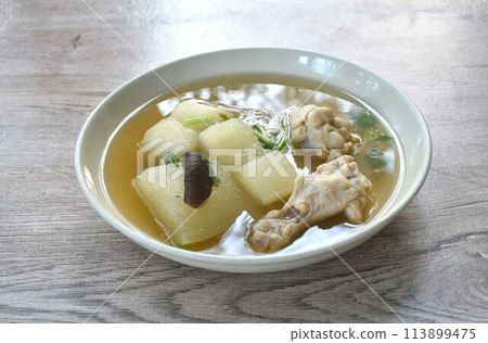 boiled winter melon drumstick chicken with mushroom soup on plate boiled winter melon drumstick chicken with mushroom soup on plate 113899475