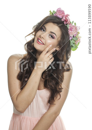 Happy fashion brunette model with make-up, fresh clear skin, shiny long wavy hairstyle Happy fashion brunette model with make-up, fresh clear skin, shiny long wavy hairstyle 113899590