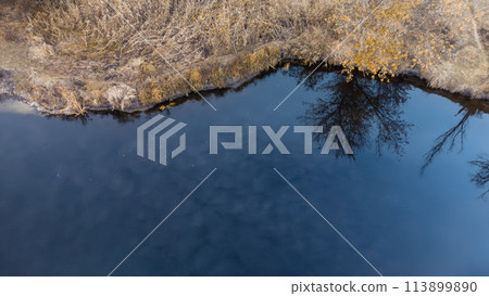 Aerial look down on river blue water surface Aerial look down on river blue water surface 113899890