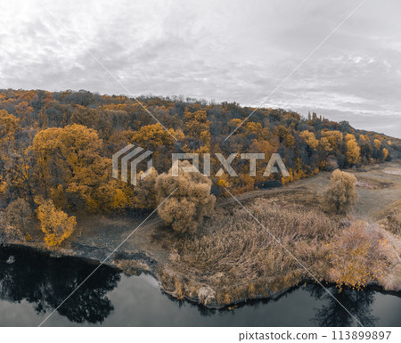 Aerial river coast near autumn forest Aerial river coast near autumn forest 113899897
