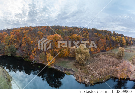 Aerial panorama on river curve in autumn valley Aerial panorama on river curve in autumn valley 113899909