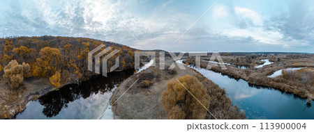 Aerial panorama on river curve in autumn valley Aerial panorama on river curve in autumn valley 113900004