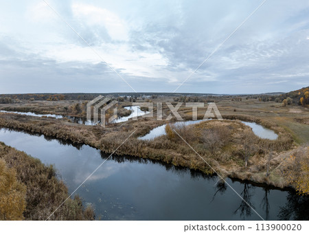 Aerial river valley with autumn trees 113900020