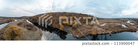 Aerial panorama on river curve in autumn valley Aerial panorama on river curve in autumn valley 113900047