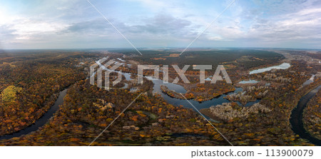Autumn aerial river valley panorama in Ukraine 113900079