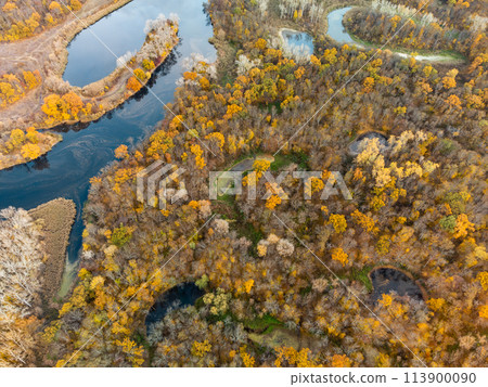 Autumn aerial look down on river valley 113900090