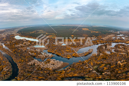 Autumn aerial river valley panorama in Ukraine Autumn aerial river valley panorama in Ukraine 113900106