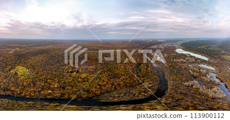 Autumn aerial river valley panorama in Ukraine 113900112