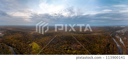 Autumn aerial forest landscape panorama Autumn aerial forest landscape panorama 113900141