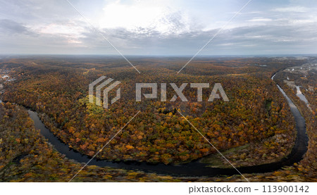 Autumn aerial river curves in forest panorama 113900142