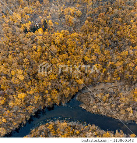 Autumn aerial look down on river valley Autumn aerial look down on river valley 113900148