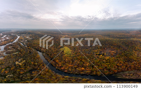 Autumn aerial river valley panorama in Ukraine 113900149