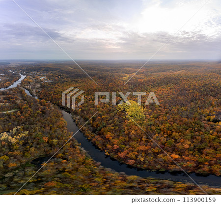 Autumn aerial river in woodland of Ukraine Autumn aerial river in woodland of Ukraine 113900159