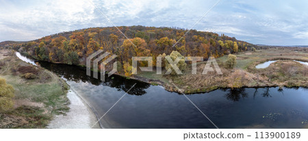 Aerial panorama on river curve in autumn valley 113900189