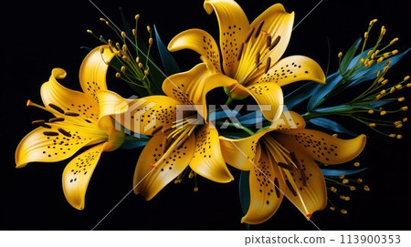 Beautiful yellow lilies in bloom on a black background, close-up. Beautiful yellow lilies in bloom on a black background, close-up. 113900353