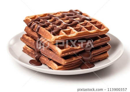 Delicious traditional Viennese waffles poured with liquid chocolate on white plate, isolated on white, close-up. 113900357