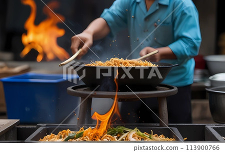 a man is cooking pad thai with a pan in a food street 113900766