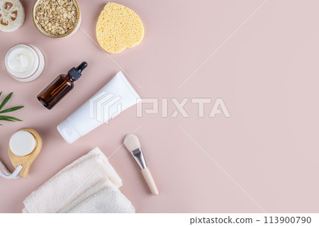 Natural eco friendly beauty skin care products with white tube mockup flat lay on beige background 113900790