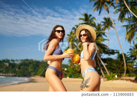 Two women in bikinis hold coconuts on sunny tropical beach with palms. Friends smile, enjoy fresh drinks by sea. Travel, summer vacation lifestyle. Female tourists on exotic island getaway. 113900883