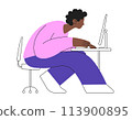 Vector illustration of an African man working at computer. Deep concentration and focus on the job task. work environment, concentration, and productivity. 113900895