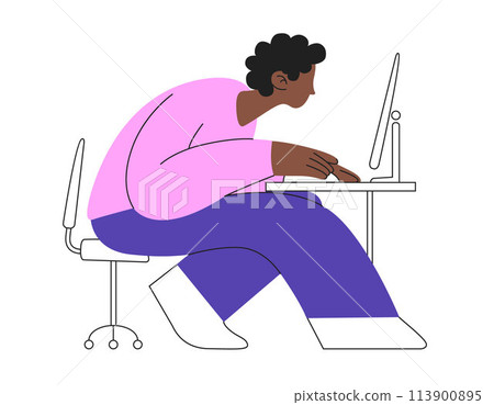 Vector illustration of an African man working at computer. Deep concentration and focus on the job task. work environment, concentration, and productivity. 113900895
