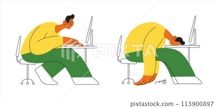 A man focused at computer, then exhaustedly lying face down on desk. Depicts work stress and fatigue. Concept of burnout, overwork. 113900897