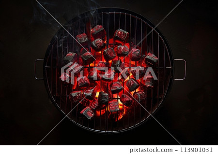BBQ Grill Filled With Cubes of Food 113901031