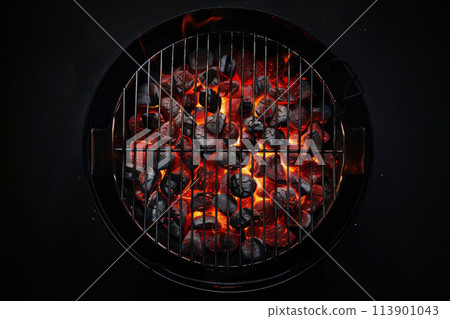 Grill Filled With Various Food Items Cooking on Grate 113901043