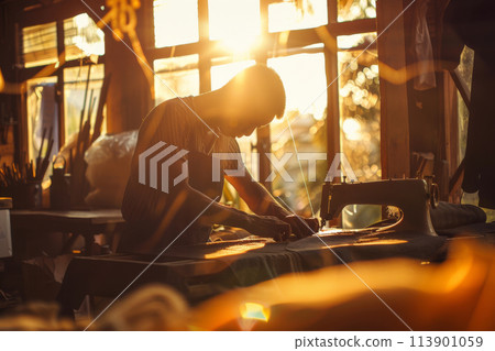 Tailor Mends Clothing in Sunlit Workshop During Golden Hour 113901059