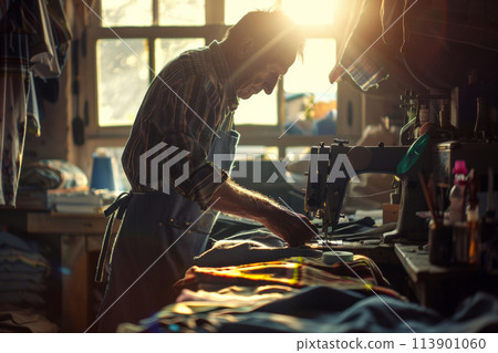 Man Sewing on a Machine in a Room 113901060