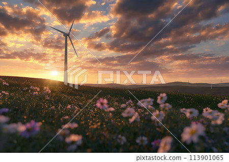 Wind Turbine in Field of Flowers at Sunset Wind Turbine in Field of Flowers at Sunset 113901065