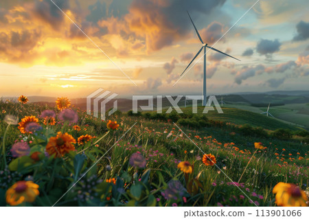 Field of Flowers With Wind Turbine in Background Field of Flowers With Wind Turbine in Background 113901066