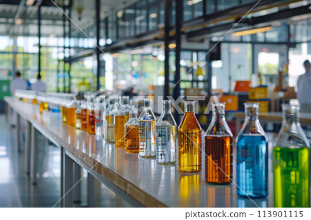 Row of Liquid-Filled Bottles on Table 113901115