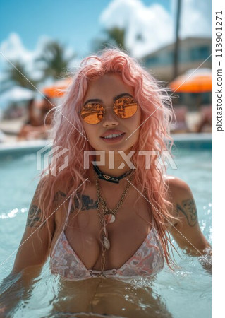Happy teenager on summer vacation in a luxury resort. Summer holidays concept. Portrait of a beautiful teenage tattooed influencer with pink hair and piercings having fun at a luxury resort 113901271
