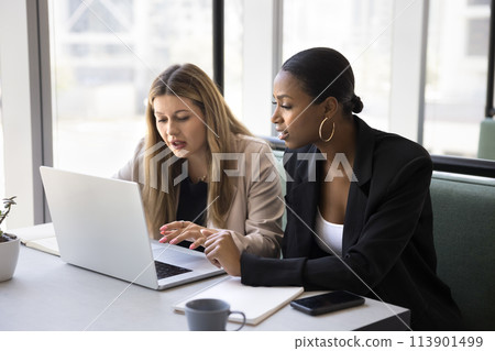 Two focused serious multiethnic female business colleagues discussing project Two focused serious multiethnic female business colleagues discussing project 113901499