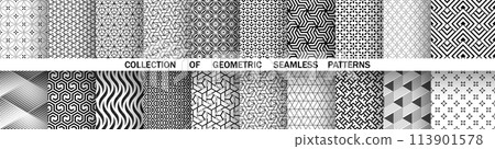 Geometric set of seamless black and white patterns. Simple vector graphics. 113901578